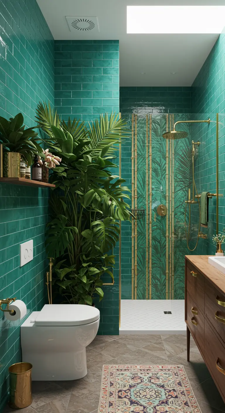 Toilet in badkamer met smaragdgroene tegels en veel tropische planten.