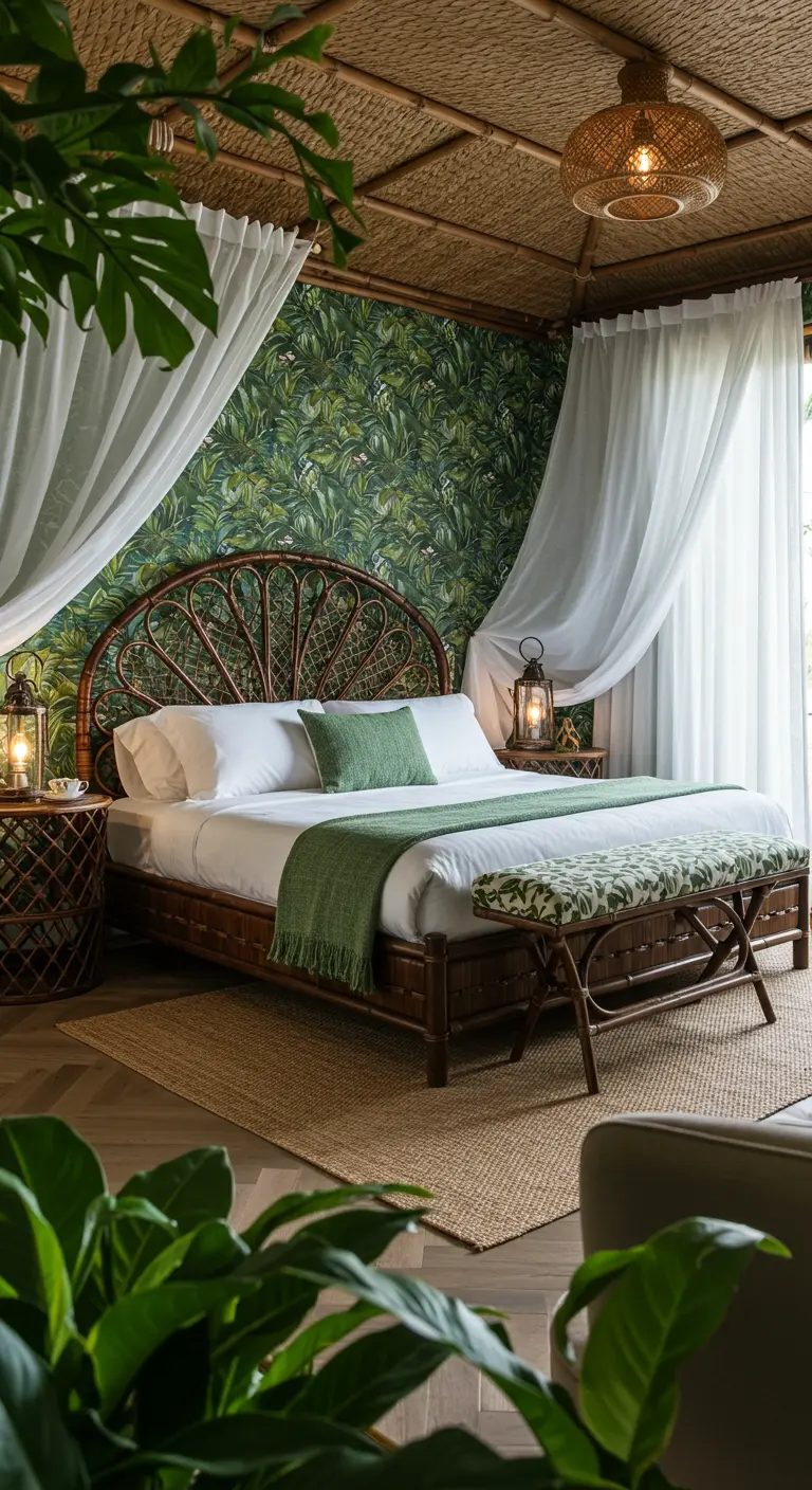 Donker rotan bedframe tegen een muur met botanisch behang en veel planten.