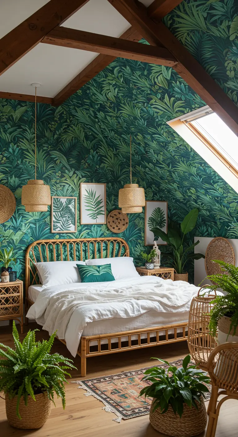 Zolderslaapkamer met groen botanisch behang, rotan bed en veel planten.