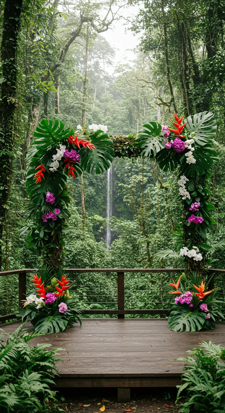 Trouwboog met tropische bloemen en bladeren, uitzicht op een waterval in het regenwoud.