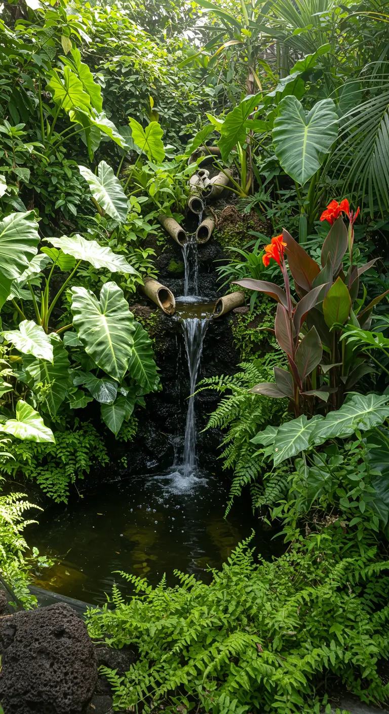 Trapsgewijze bamboe waterval in een weelderige, tropische tuin.