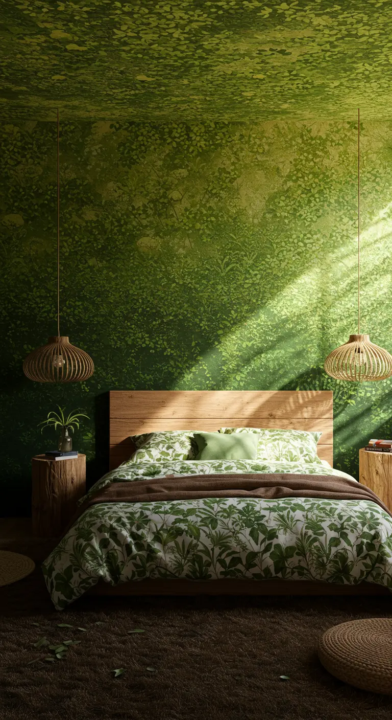 Slaapkamer met groen kleurverloop met bladerpatroon op muren en plafond.