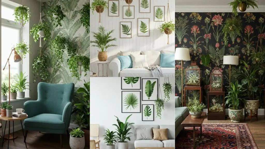Verschillende botanische woonkamers met jungleprints, weelderige hangplanten en groene potplanten.