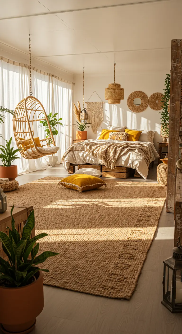 Bohemian slaapkamer met groot jute tapijt, hangstoel en veel planten.