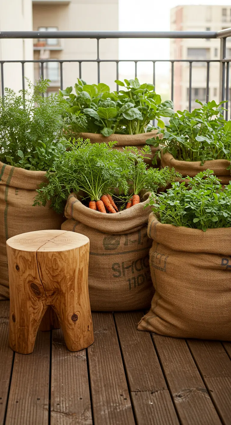 Jute zakken gevuld met groeiende groenten zoals wortels en kruiden op een houten terras.