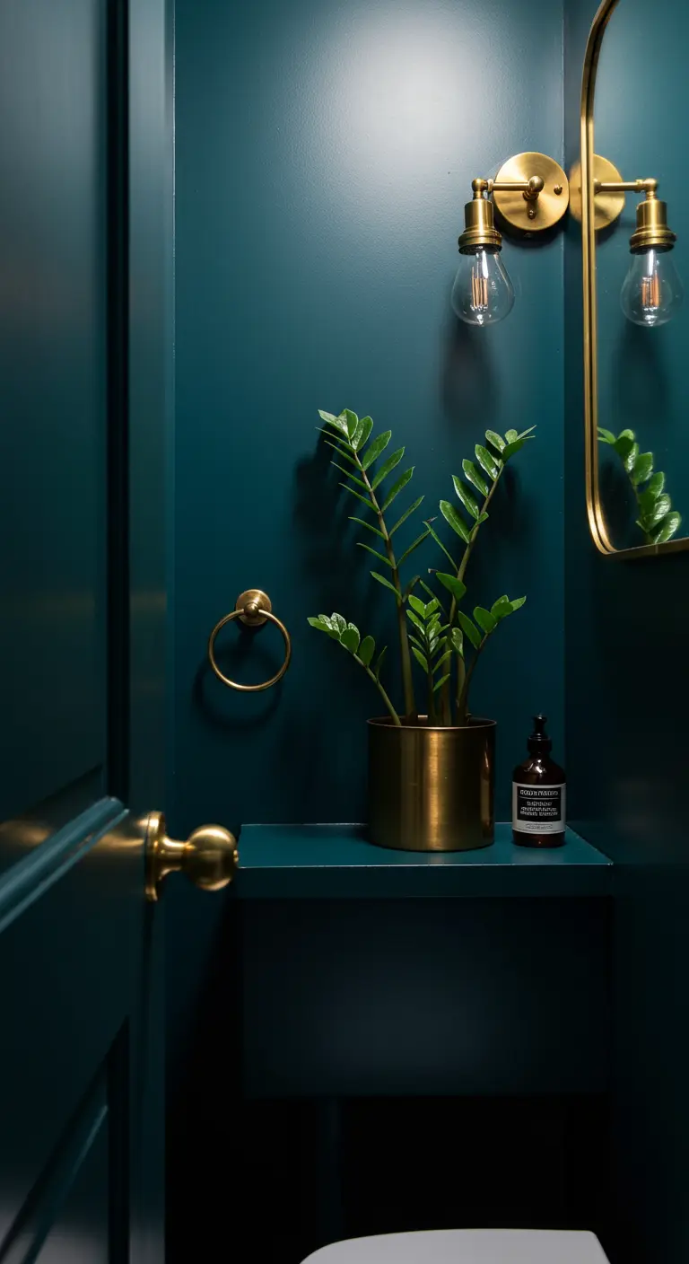 ZZ-plant in messing pot op plank in donkerblauwe badkamer met gouden accenten.