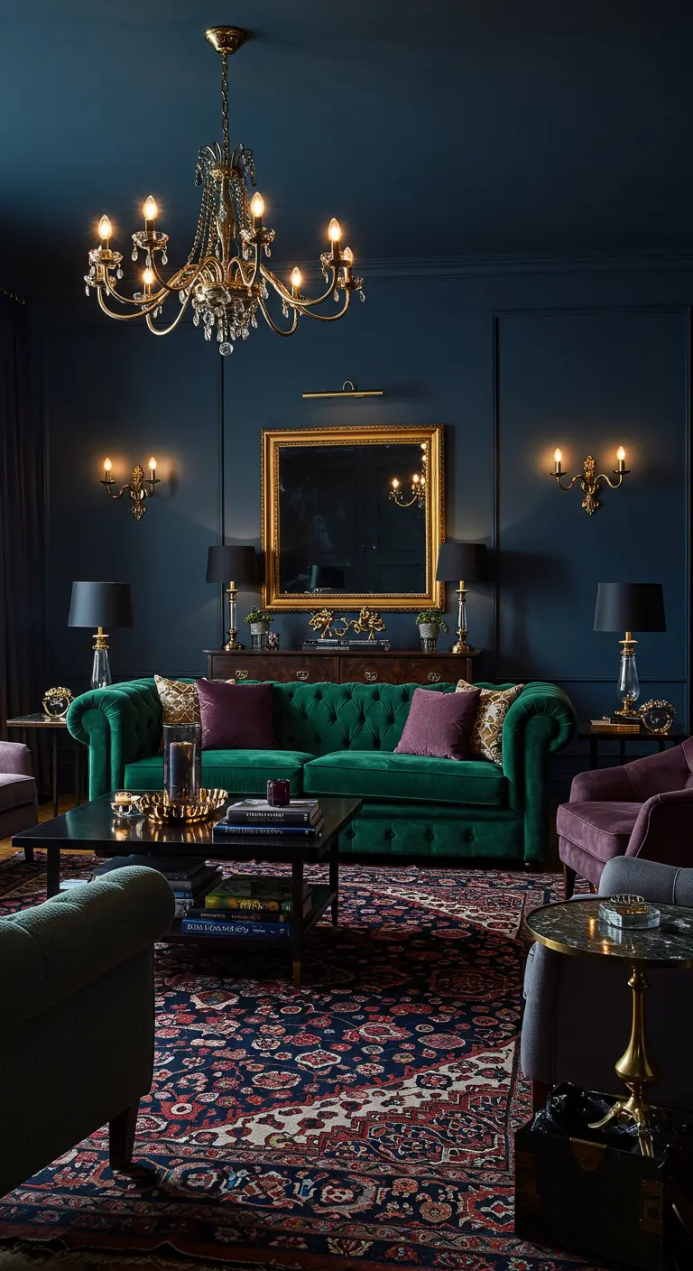 Donkerblauwe woonkamer met groene fluwelen bank en gouden accenten.