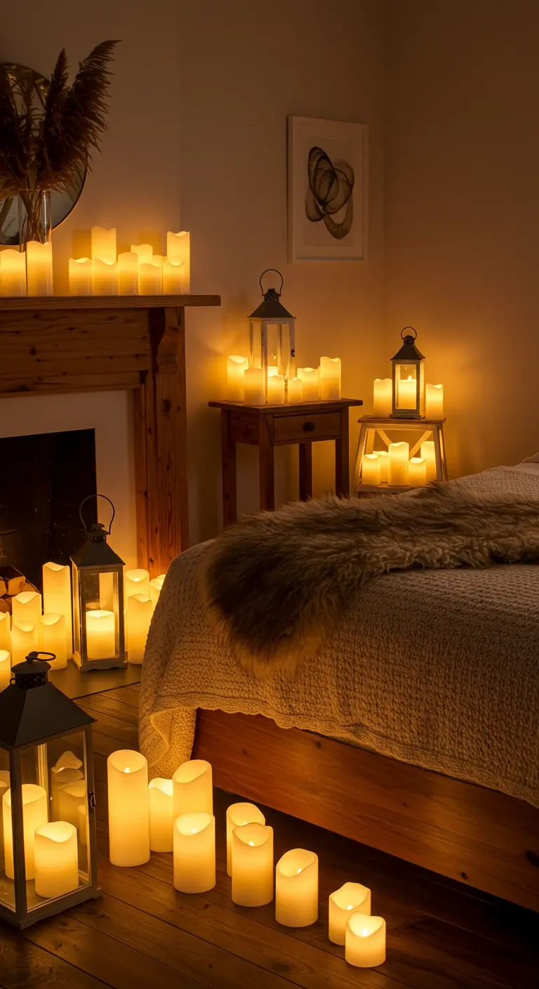 Romantische slaapkamer met houten vloer, vol met brandende (LED-)kaarsen in lantaarns en los.
