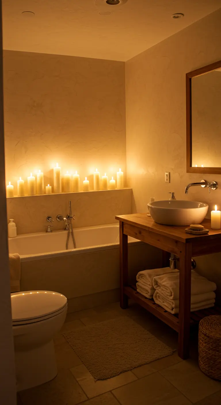 Wabi-sabi badkamer met warm, sfeervol kaarslicht langs de badrand en op het houten meubel.