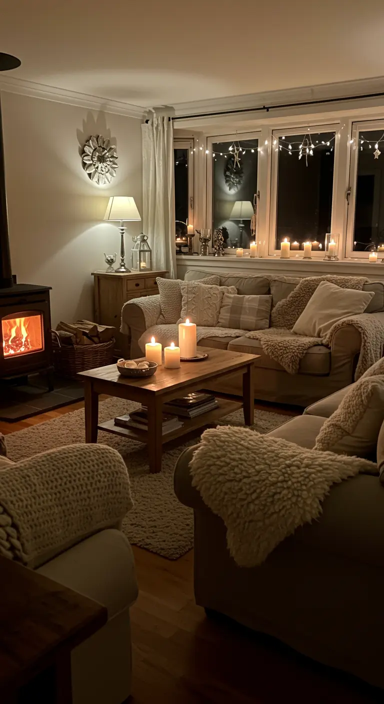Gezellige woonkamer met brandende open haard, veel kaarsen en warme verlichting.
