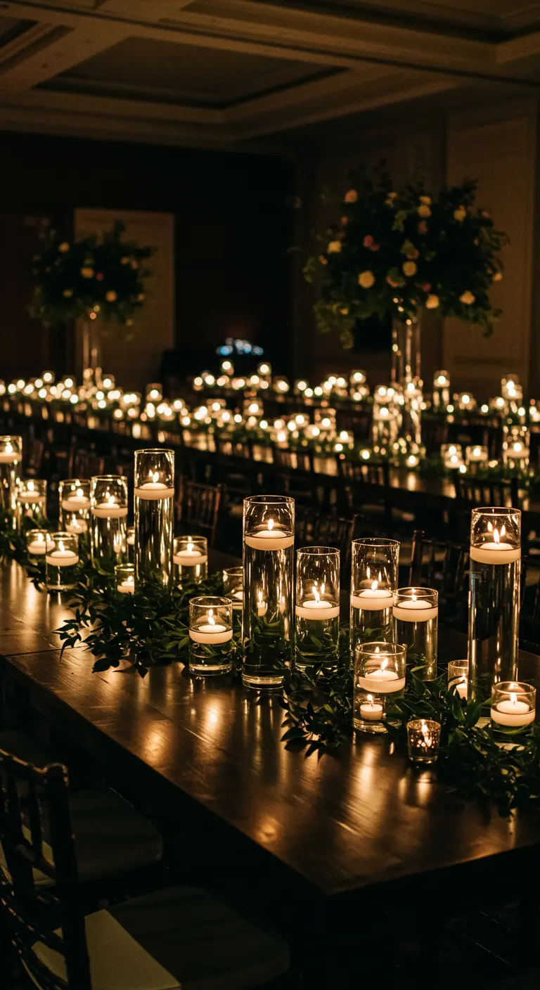 Dinertafel overladen met kaarsen in glazen cilinders en subtiel groen.