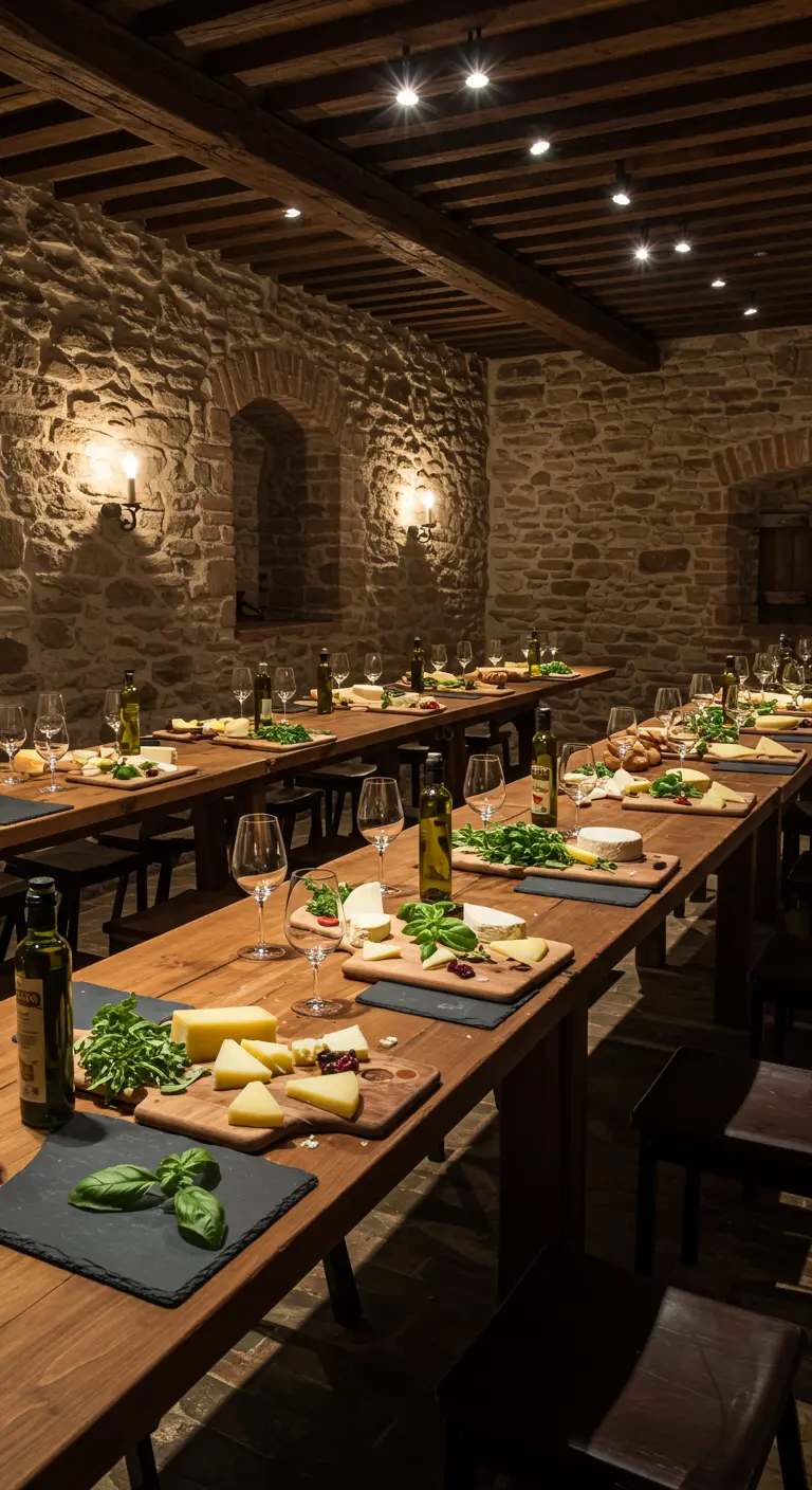 Wijnkelder met stenen muren, lange houten tafels vol kaas, charcuterie en olijfolie.