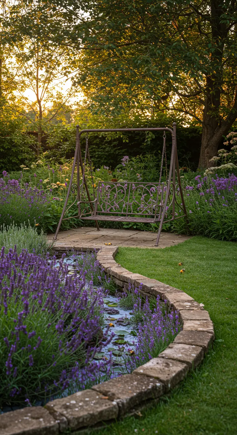 Metalen schommelbank in tuin met lavendel en een slingerend waterloopje.