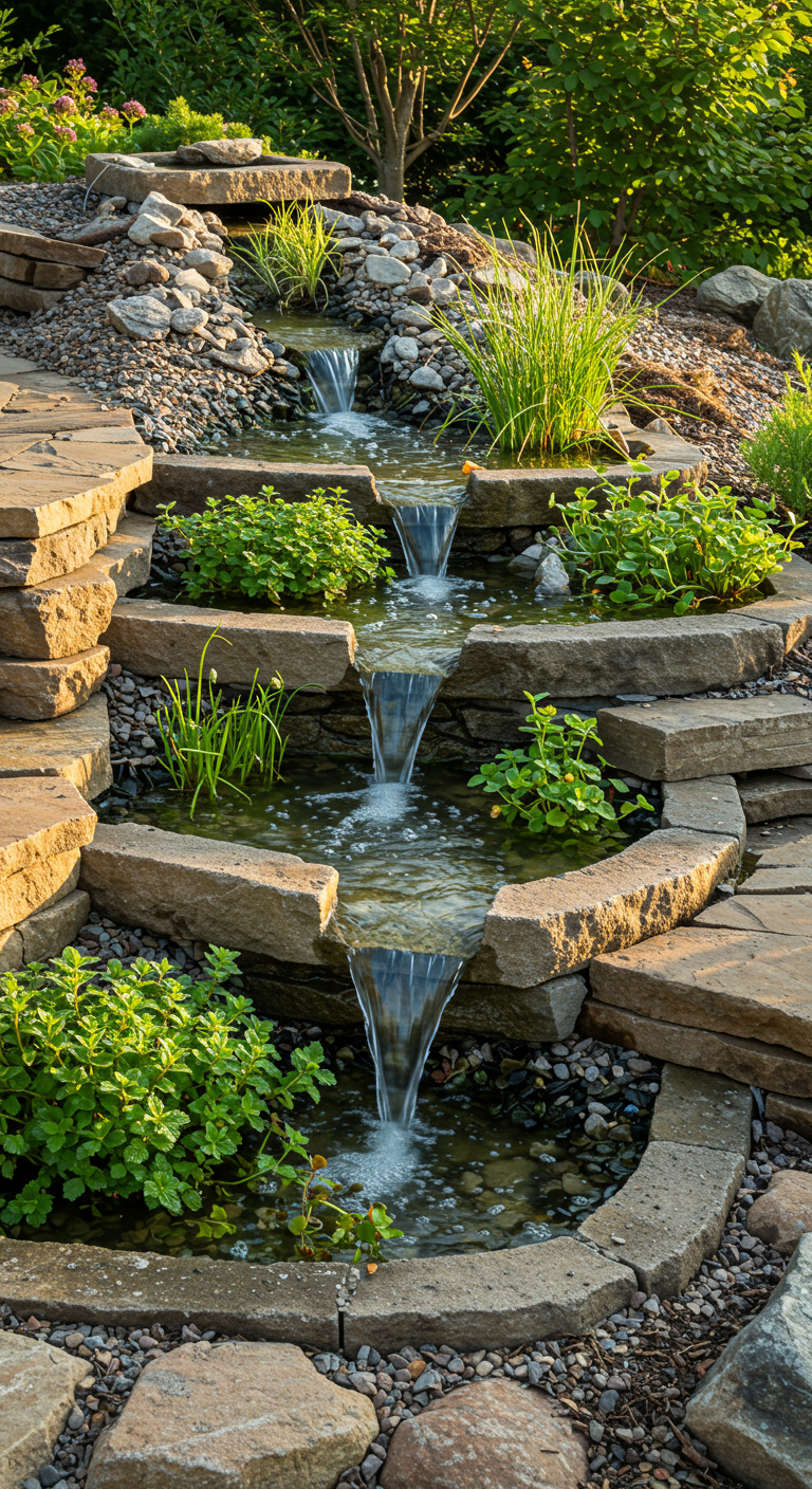 Getrapte minivijver met kleine watervallen van natuursteen en waterplanten.
