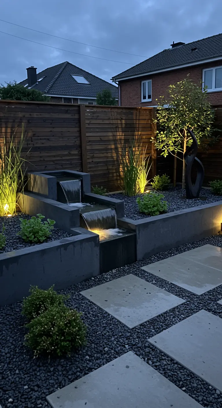 Moderne getrapte vijver met kleine watervallen en verlichting, in een tuin met tegels en grind.