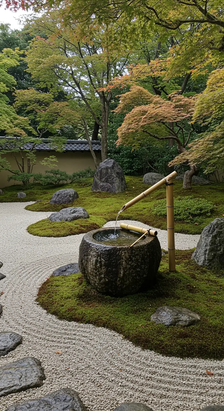 Japanse tuin met een stenen waterbassin en bamboe waterfontein (shishi-odoshi).
