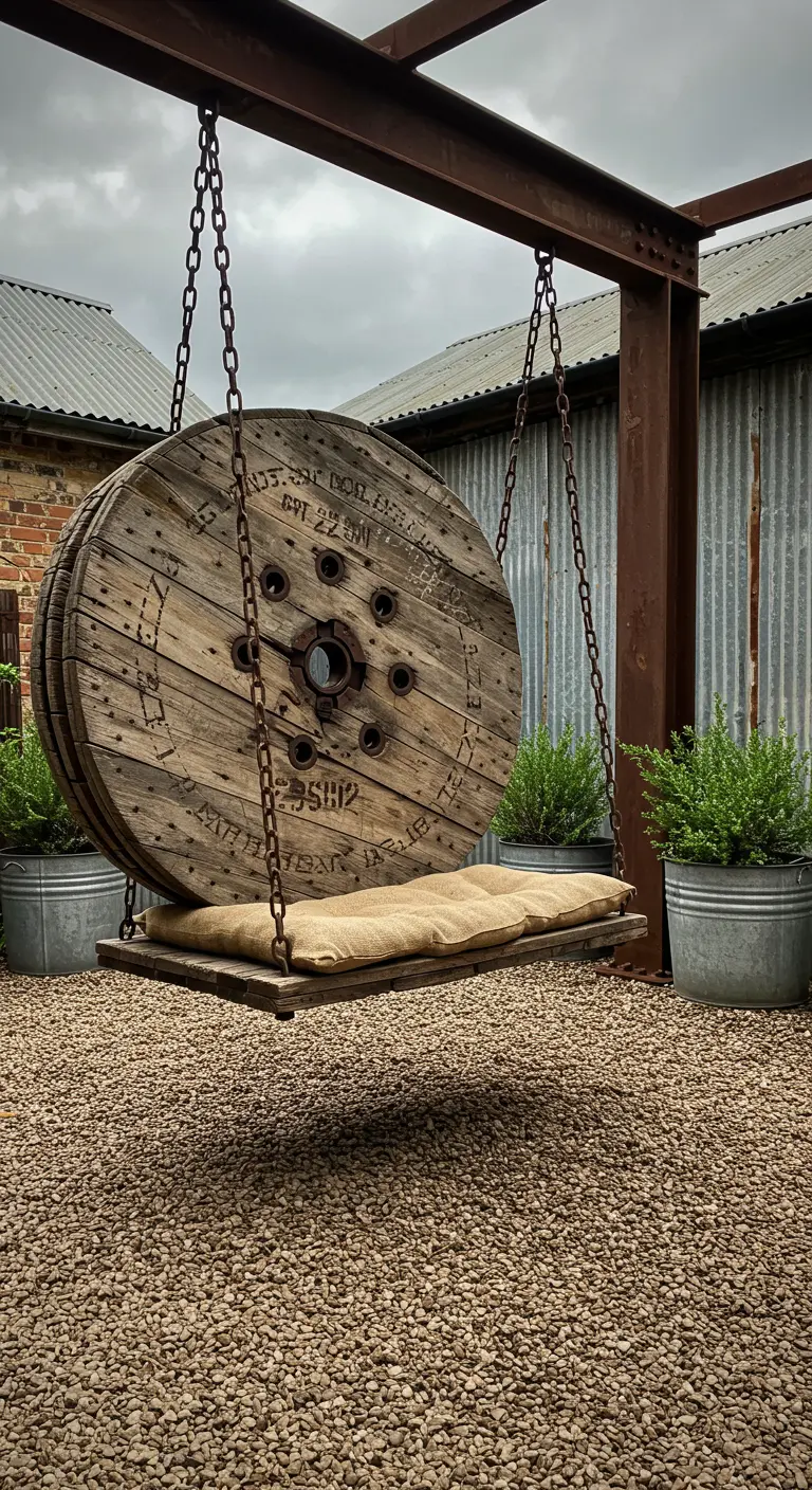 Hangschommel gemaakt van een grote houten kabelhaspelzijkant met een jute kussen.