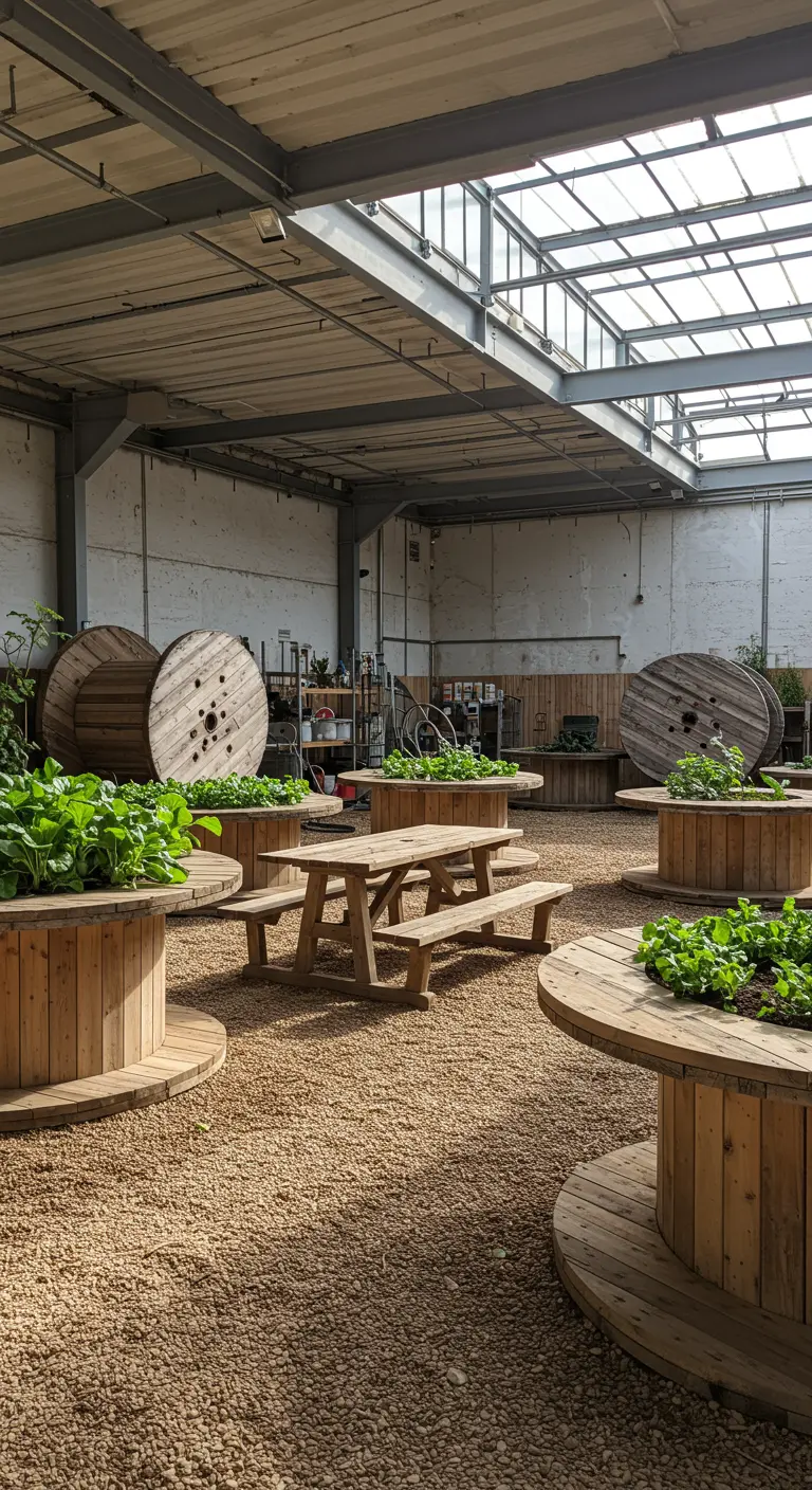 Grote houten kabeltrommels gebruikt als verhoogde plantenbedden in een kasomgeving met jonge planten.