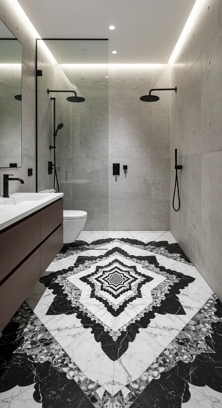 Moderne badkamer met een zwart-wit marmeren douchevloer in een complex symmetrisch patroon.