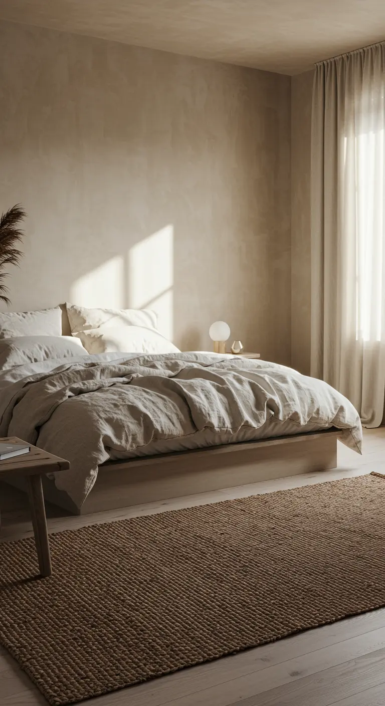 Slaapkamer met beige kalkverf muren, linnen beddengoed en jute vloerkleed.