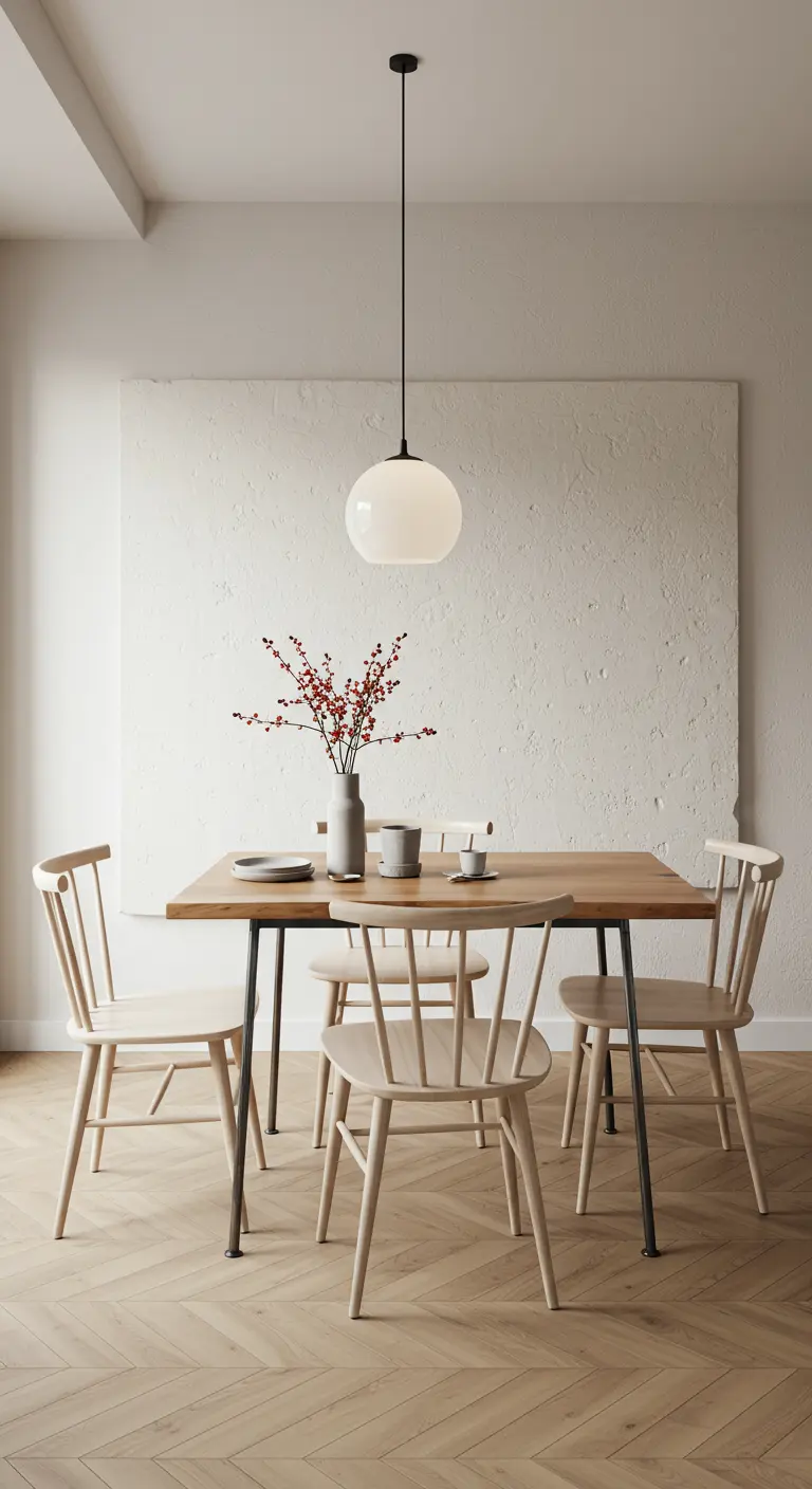 Rustige eethoek met houten tafel, minimalistische stoelen, groot wit abstract kunstwerk en ronde hanglamp.