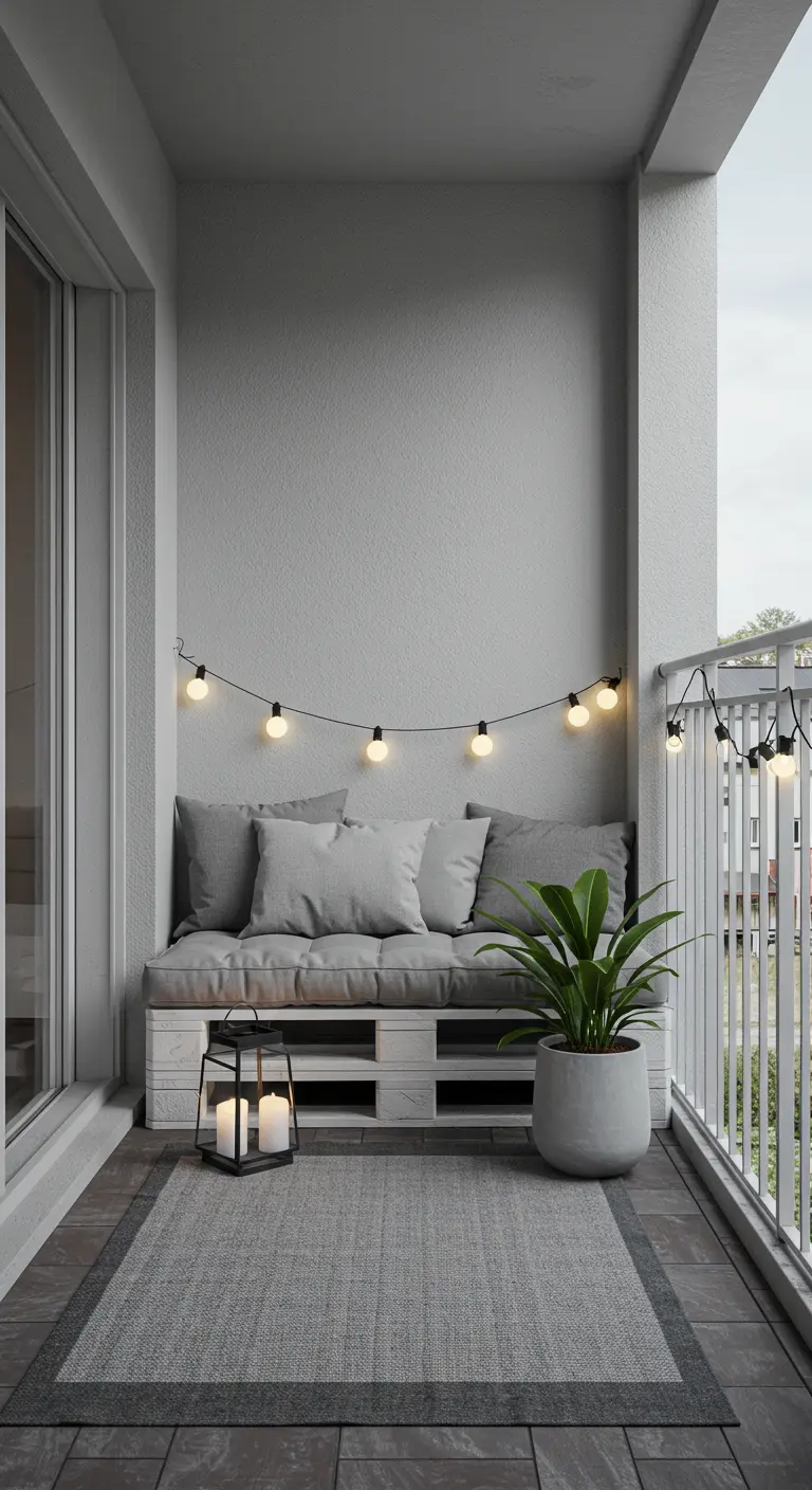Minimalistisch grijs balkon met wit geschilderde palletbank, neutrale kussens en een groene plant in grijze pot.