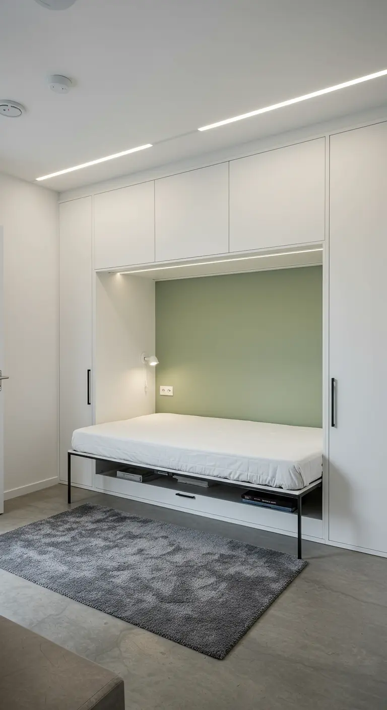Moderne slaapkamer met wit opklapbed, saliegroene accentmuur en ingebouwde kasten.