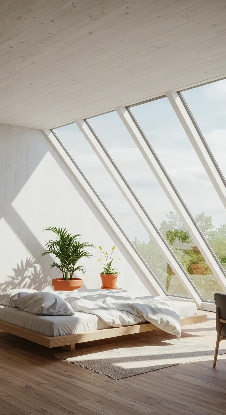 Lichte slaapkamer met een bed geplaatst voor grote, schuine ramen met uitzicht.