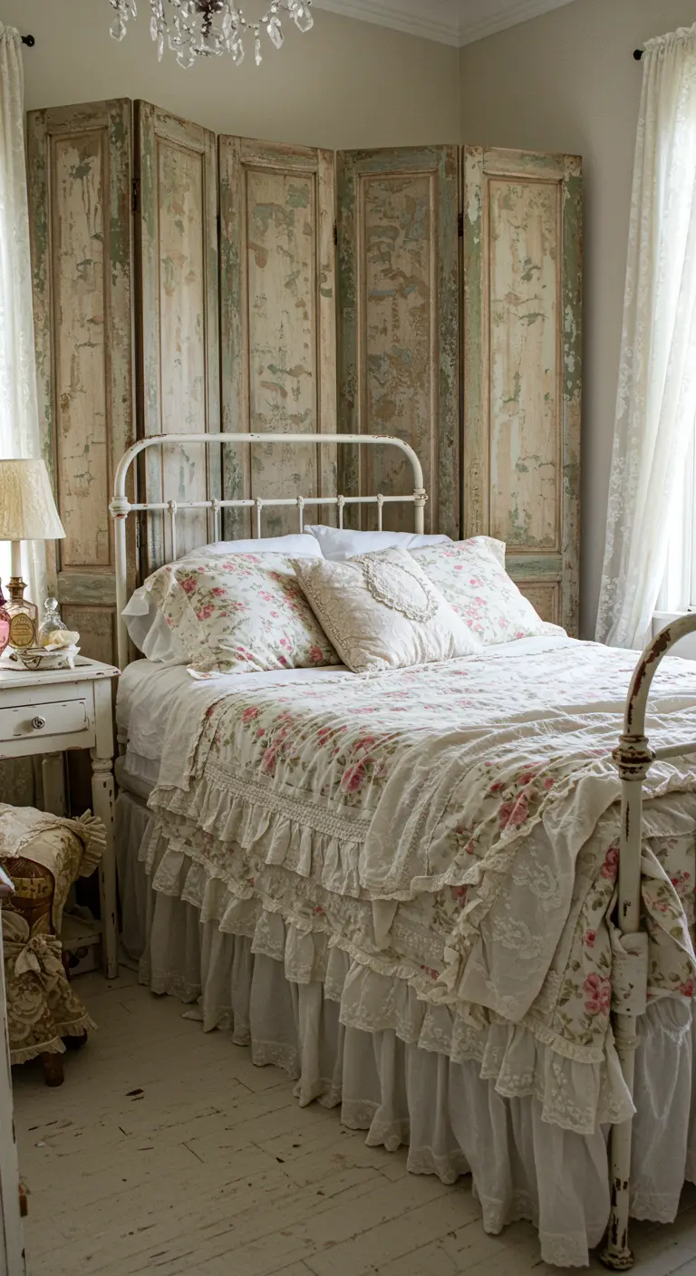 Romantische slaapkamer met vintage houten kamerscherm achter het bed.