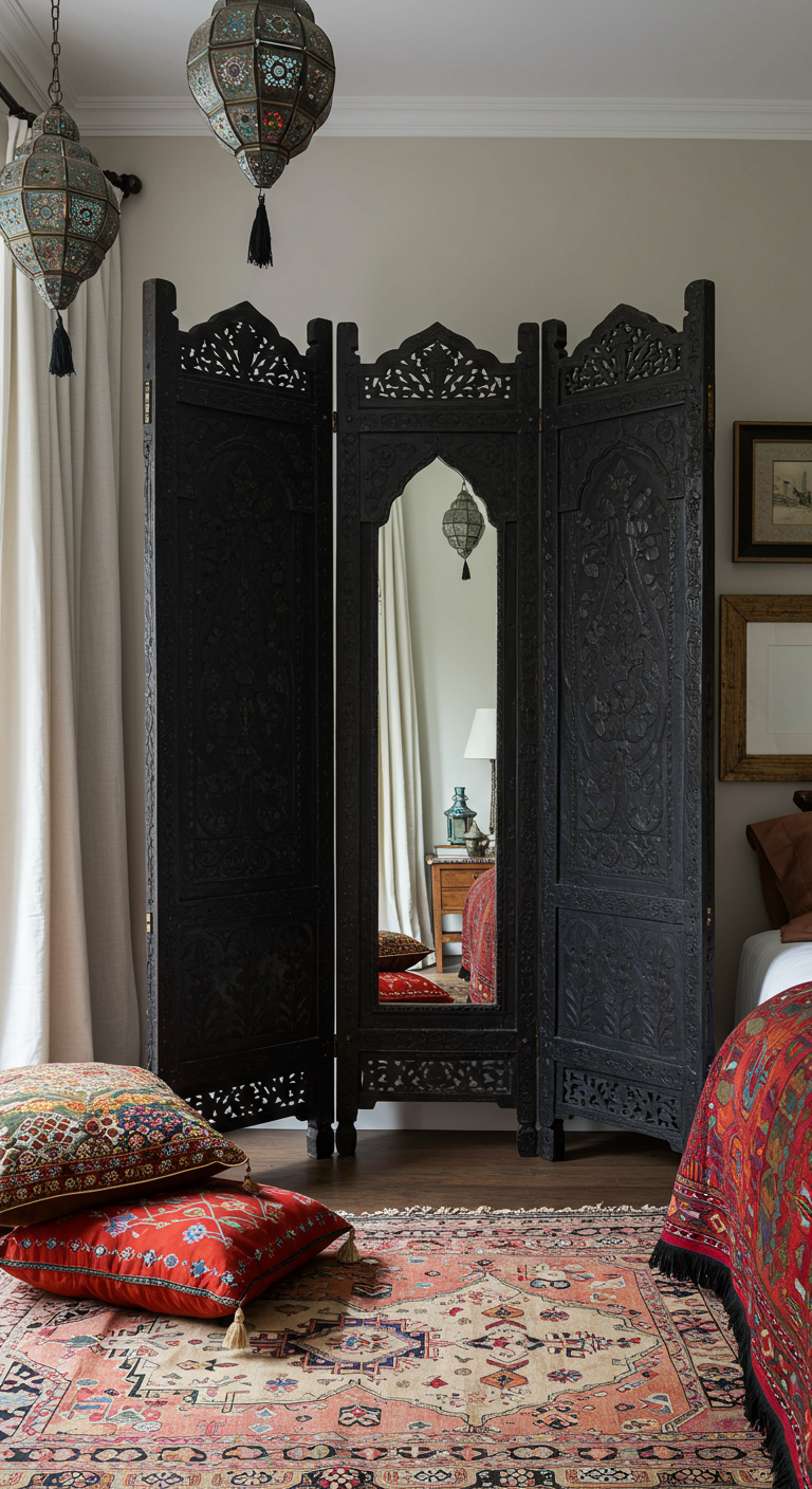 Houten kamerscherm met een spiegelpaneel in een oosters ingerichte slaapkamer.