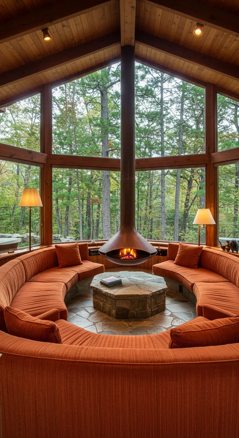 Ronde ingebouwde oranje sofa rond een centrale hangende haard in een houten huis met boszicht.