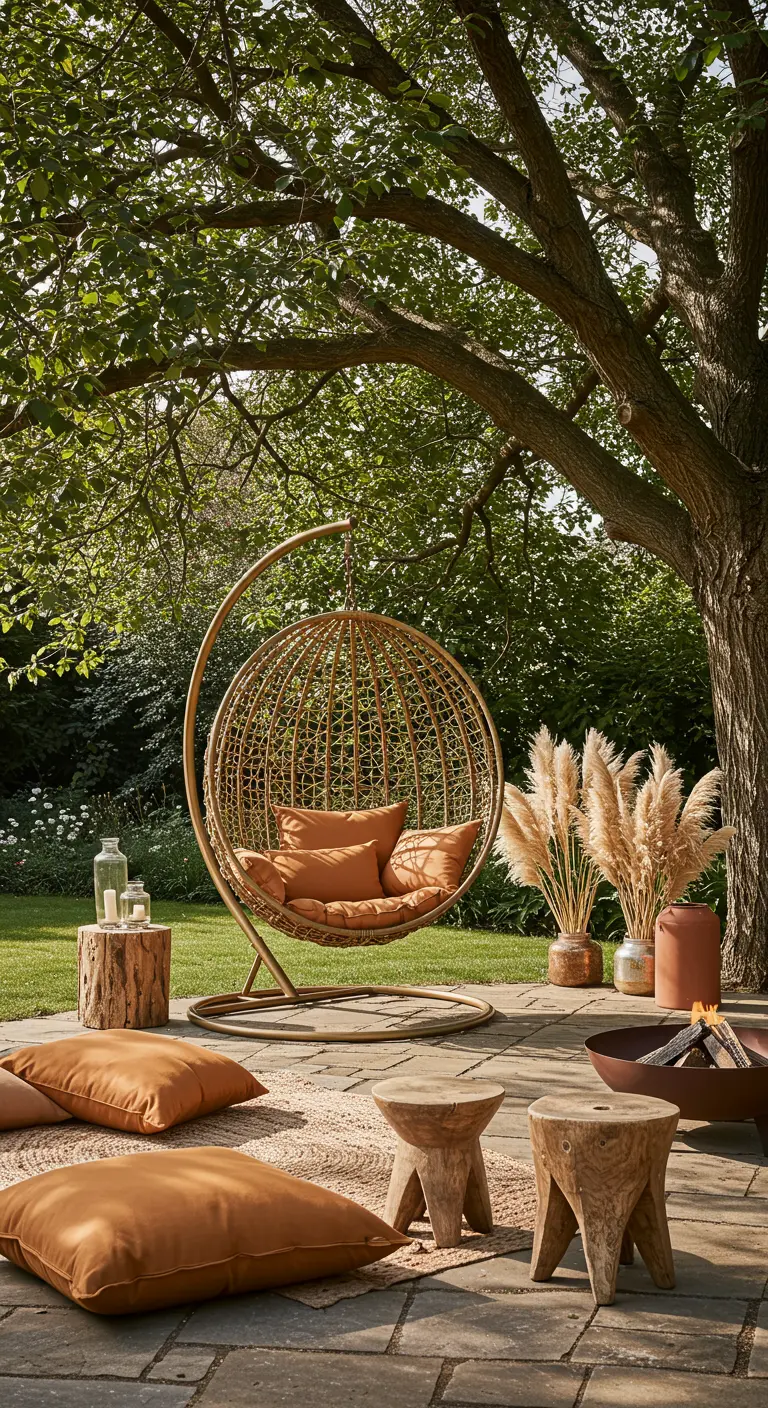 Rotan ei-hangstoel met standaard in tuin, bij vuurschaal, pampasgras en houten krukjes.