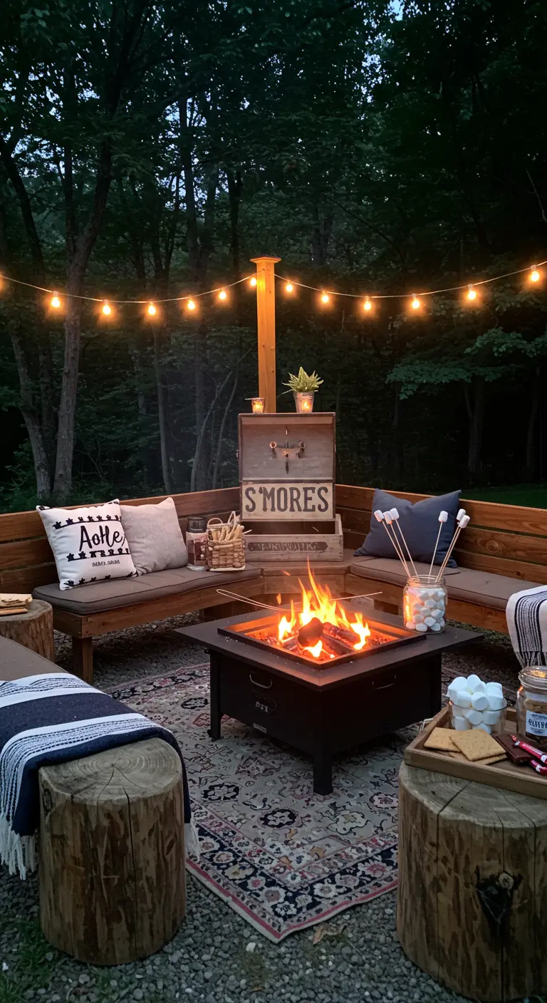 S'mores bar bij een vuurkorf met kussens, marshmallows en lichtslingers.