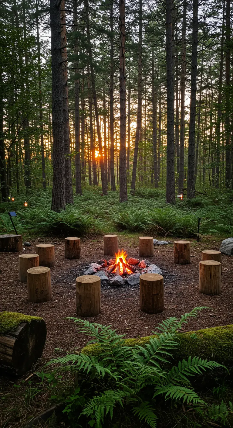 Boomstamkrukjes in een cirkel rond een knisperend kampvuur in een bosrijke omgeving bij zonsondergang.