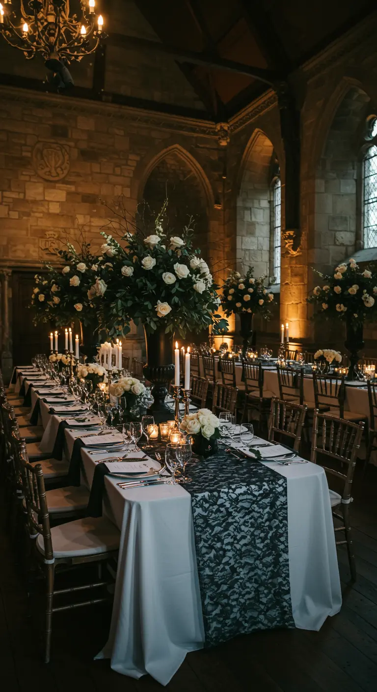 Elegante kasteelbruiloft met zwart kanten loper, witte bloemen en veel kaarslicht.