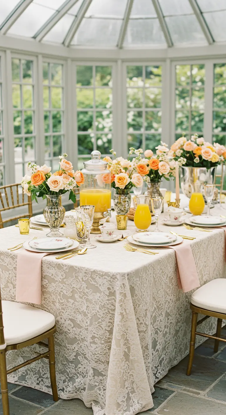 Gedekte tafel in serre met kanten tafelkleed, perzikkleurige bloemen en gouden bestek.