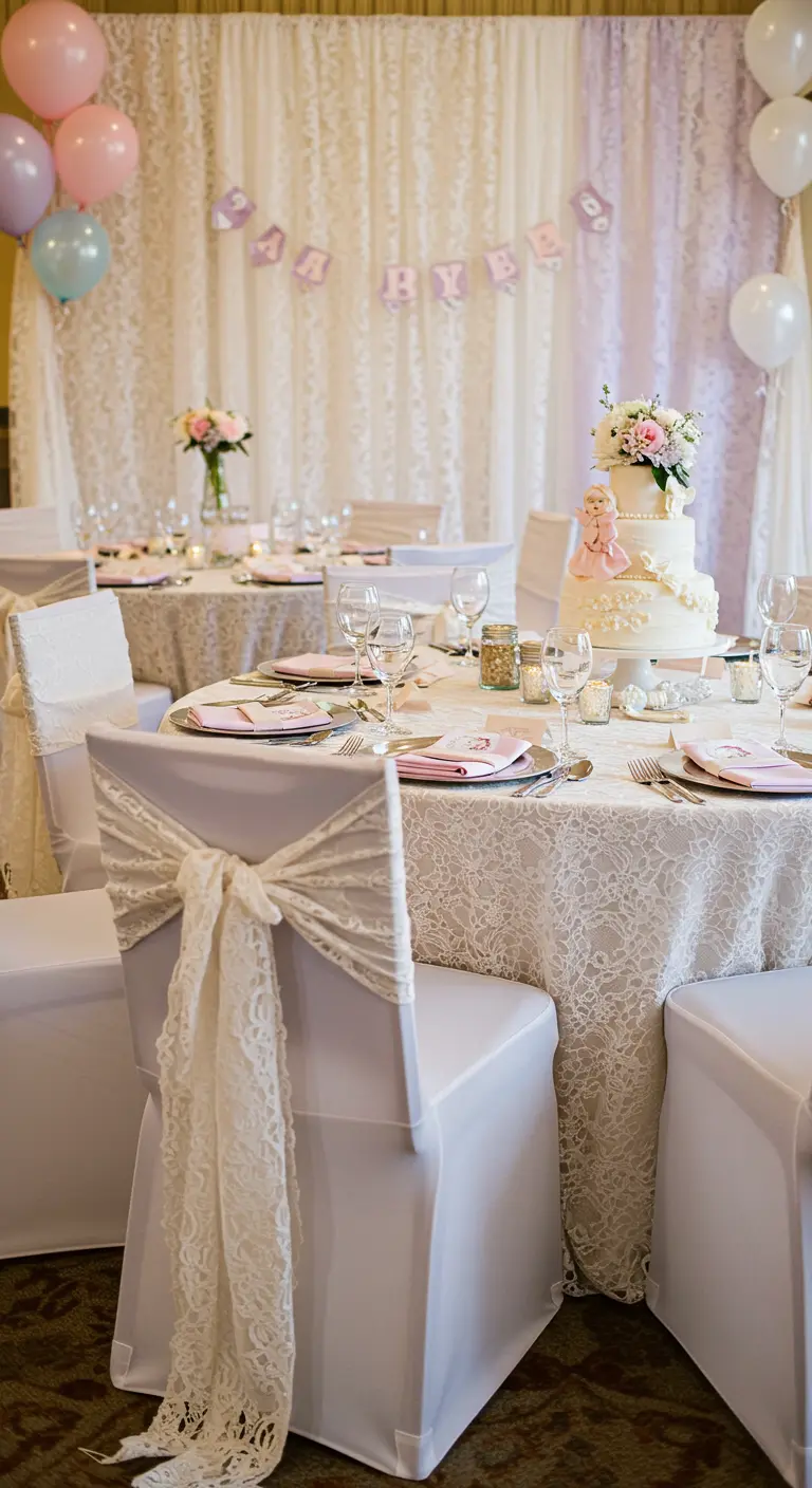 Elegante babyshower met wit kant, roze accenten en gedekte tafels.