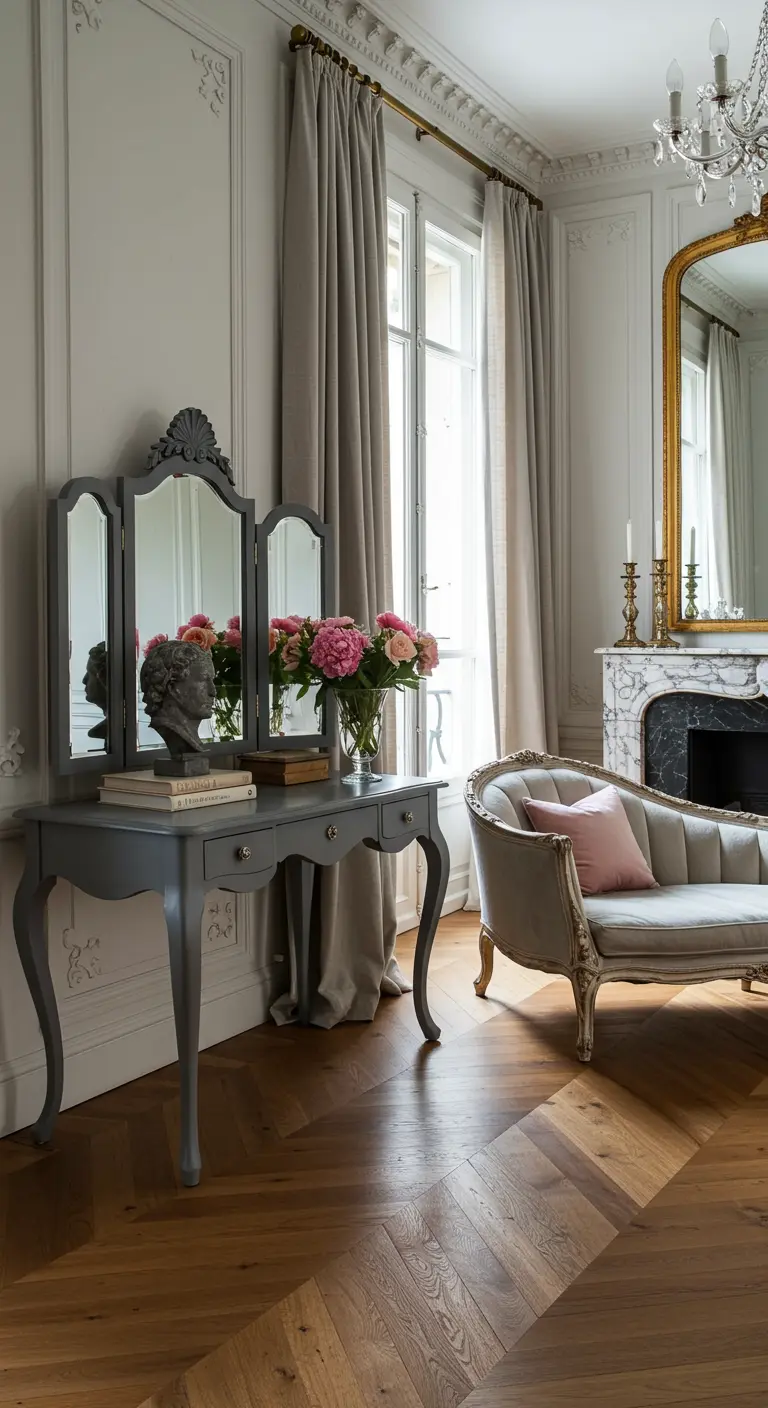 Grijze vintage kaptafel met drieluikspiegel en roze bloemen.