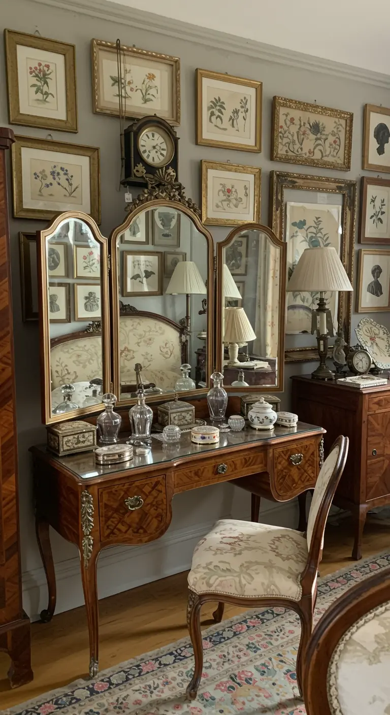 Elegante kaptafel met drieluikspiegel, parfumflesjes en botanische prenten aan de muur.