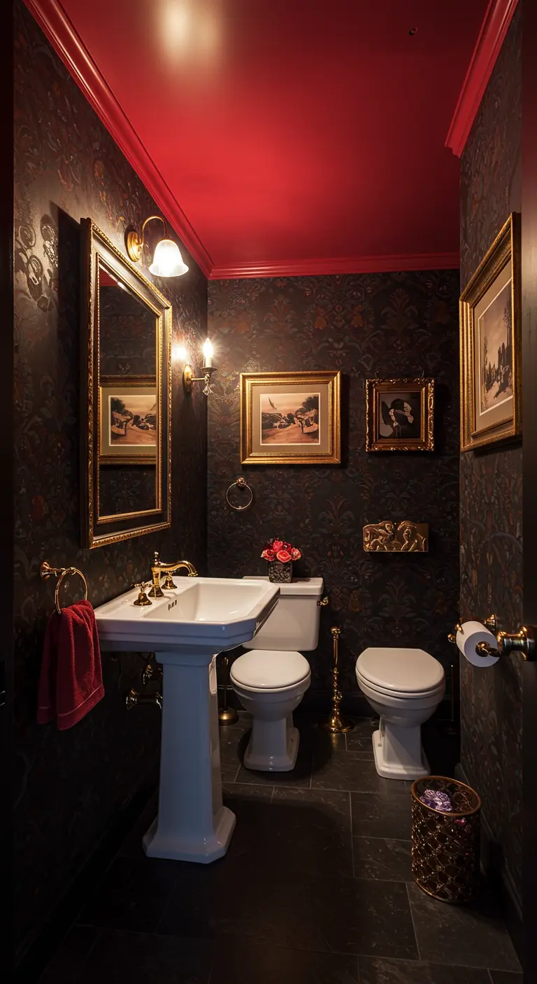 Dramatische poederkamer met dieprood plafond en donker behang.