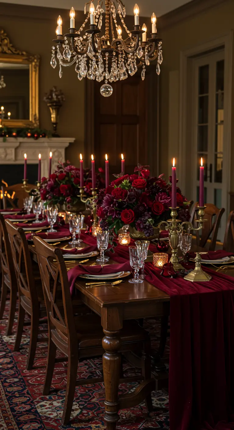 Luxe eettafel gedekt in karmozijnrood en goud, met rode rozen en kristal.