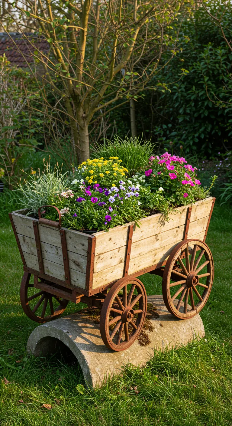 Oude houten handkar gevuld met bloeiende planten, rustend op een betonnen halve buis in het gras.
