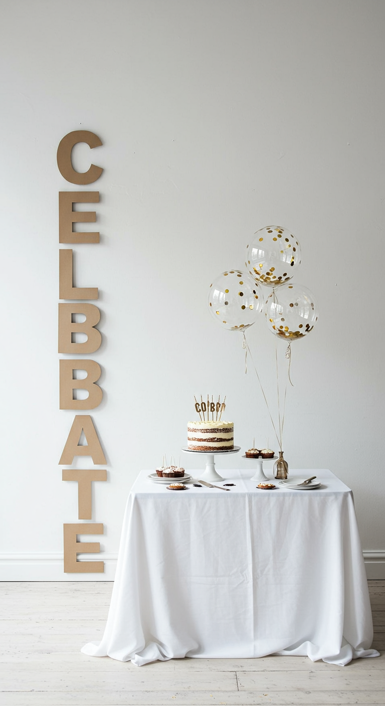 Witte tafel met taart en ballonnen, ernaast kartonnen letters die
