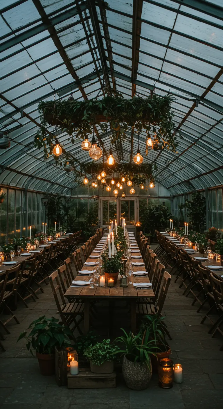 Kas omgebouwd tot dinerruimte met lange tafels, hangende planten en lampen.