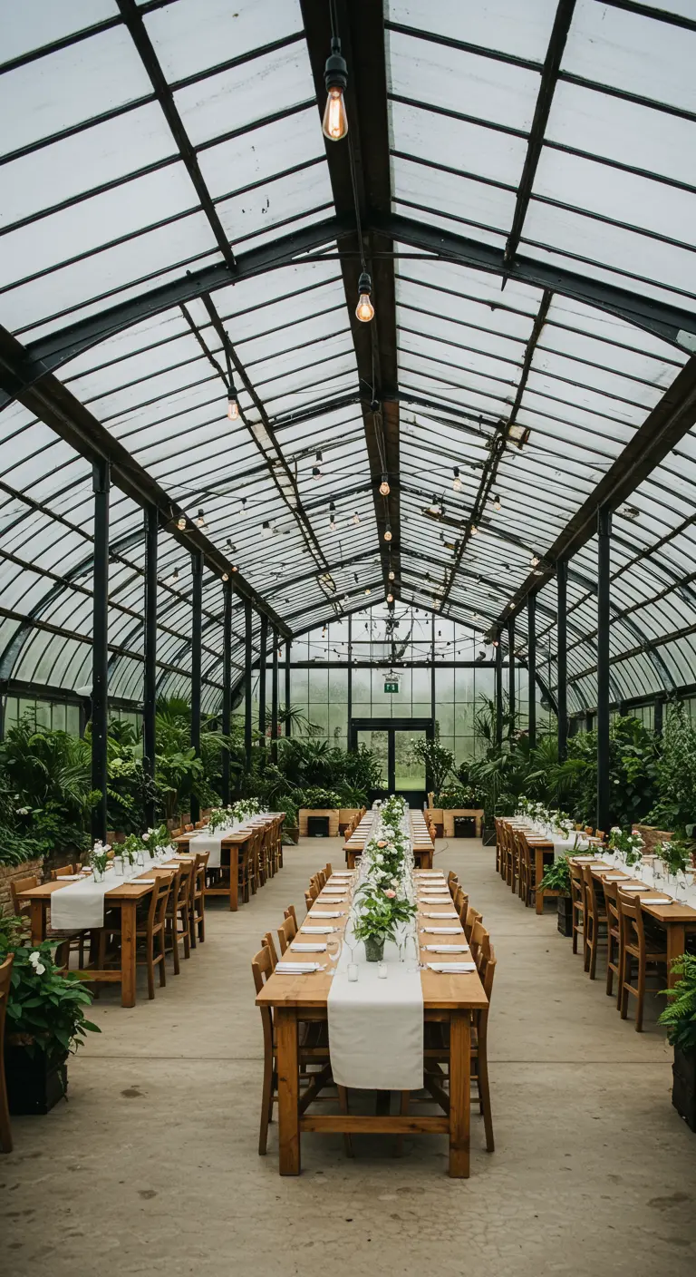 Dineropstelling in glazen kas met lange houten tafels, witte lopers en lichtslingers.