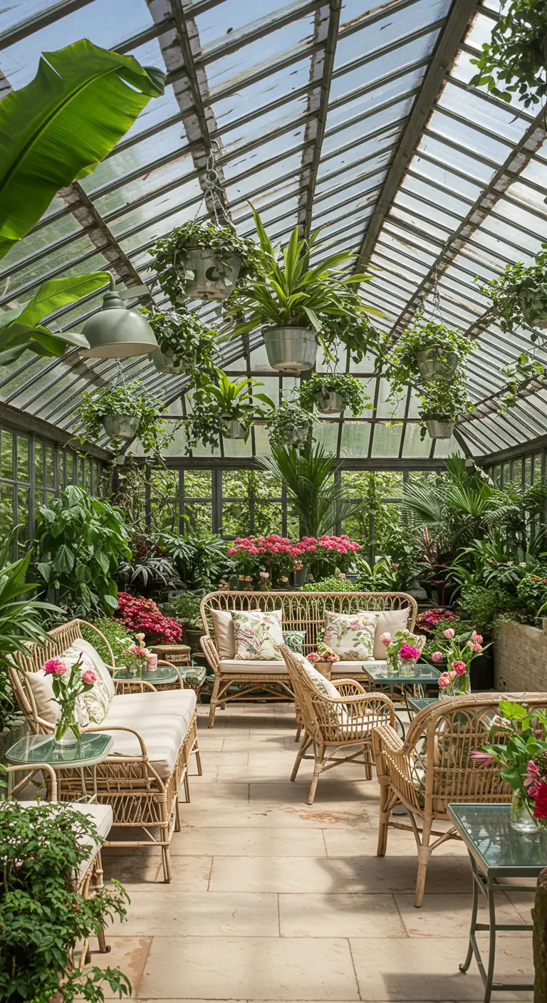 Botanische kas lounge met rotan meubels, veel planten, hangplanten en bloemen.