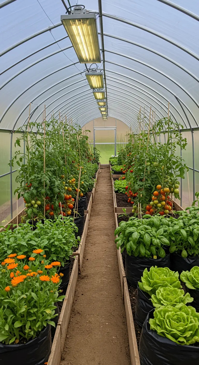 Kas met rijen tomatenplanten, basilicum, sla en goudsbloemen.