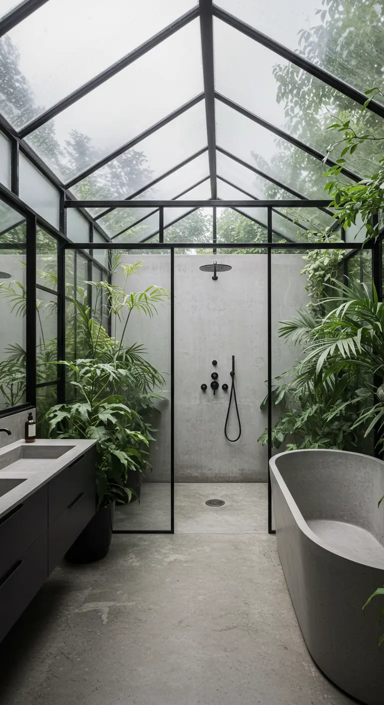 Badkamer in kasstijl met glazen dak en wanden, overvloedige planten en beton.