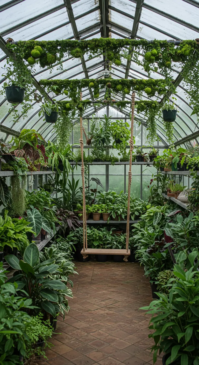 Overwoekerde kas vol diverse potplanten en planken, met een houten schommel in het midden.