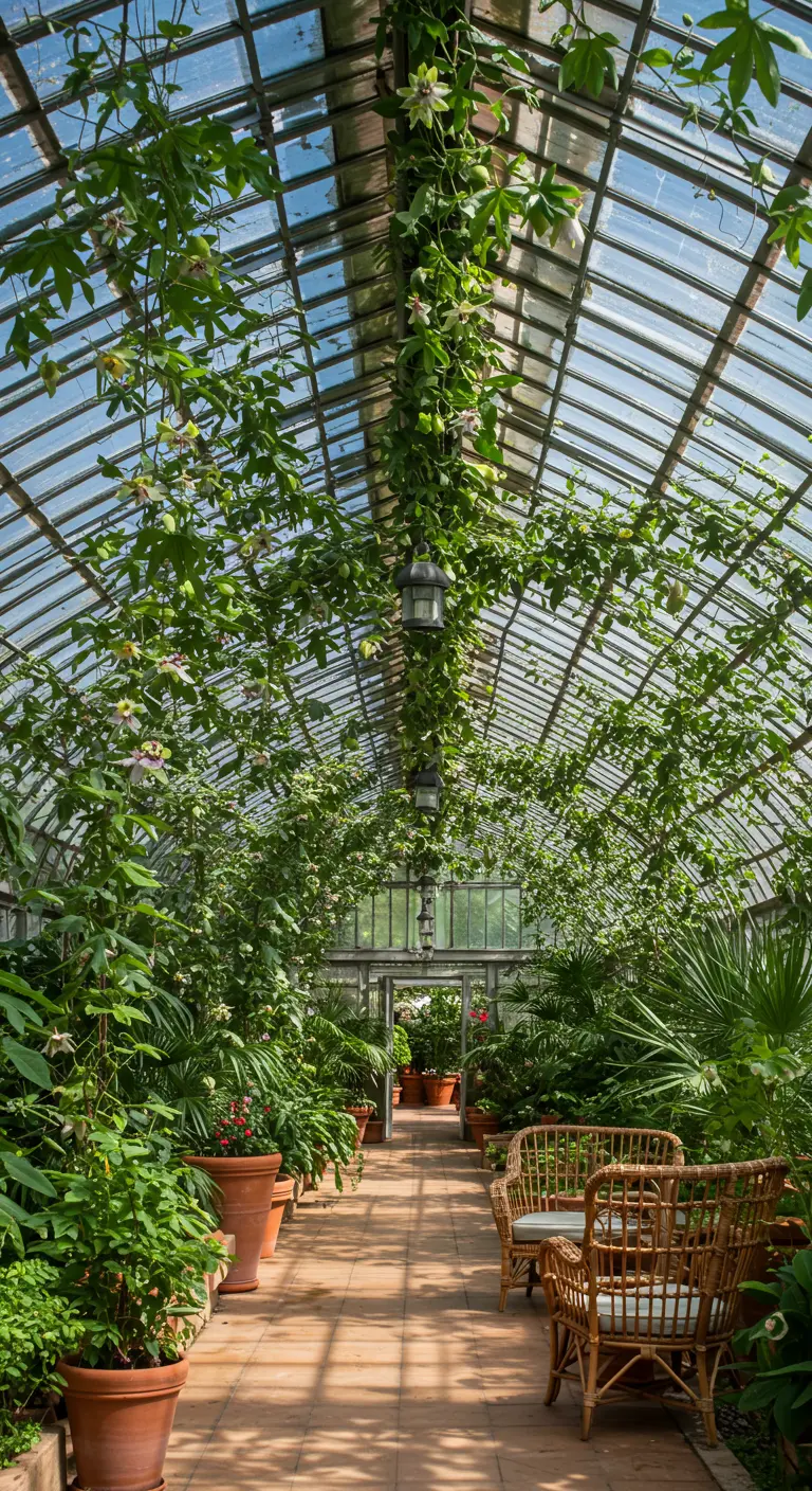 Binnenkant van een glazen kas vol met klimplanten die langs de structuur groeien.